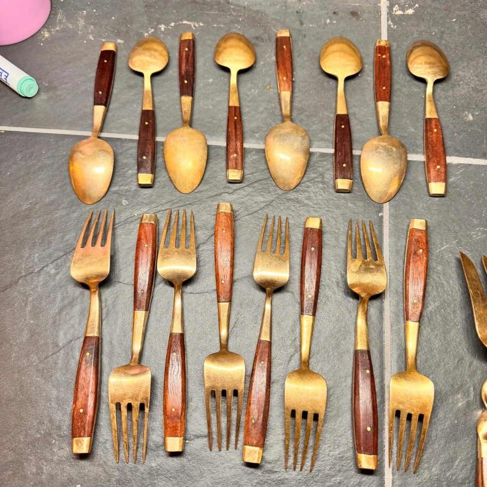 Vintage MCM Luxury Gold Tone Cutlery Rosewood Handles Serving Utensils 29pc‎ Set